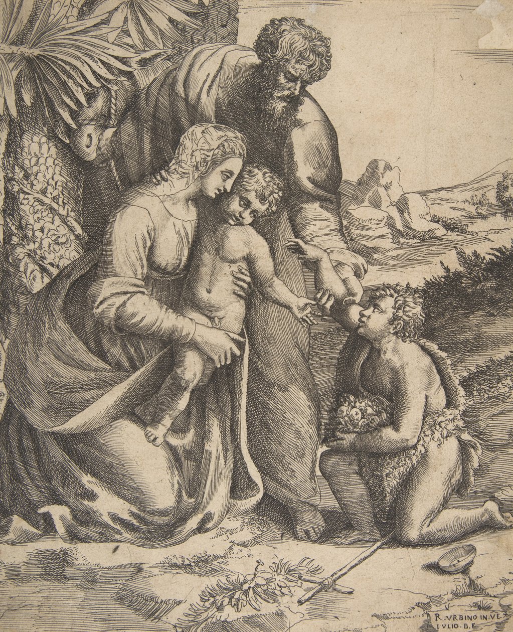 Święta Rodzina z klęczącym po prawej stronie św. Janem Chrzcicielem, 1531-76. autorstwa Giulio Bonasone