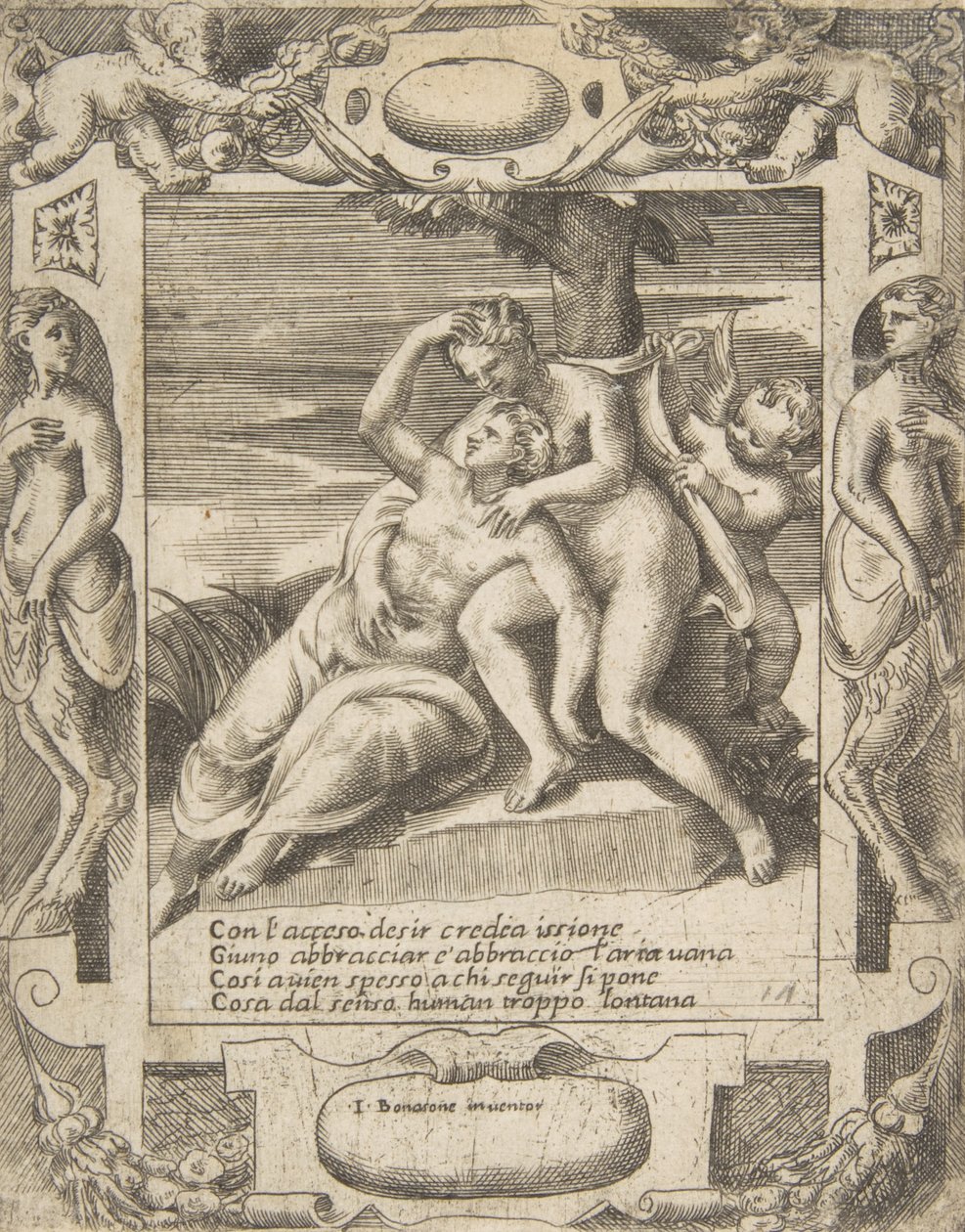 Ixion obejmuje chmurę, myśląc, że to Juno, Kupidyn po prawej, osadzony w elabora..., 1531-76. autorstwa Giulio Bonasone