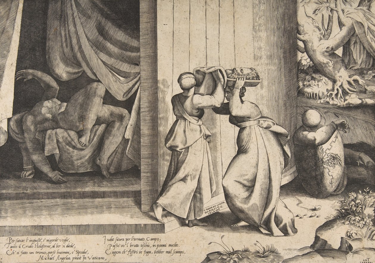Judyta przekazująca głowę Holofernesa swojej służącej, ściętemu Holofernesowi w..., 1531-7 autorstwa Giulio Bonasone