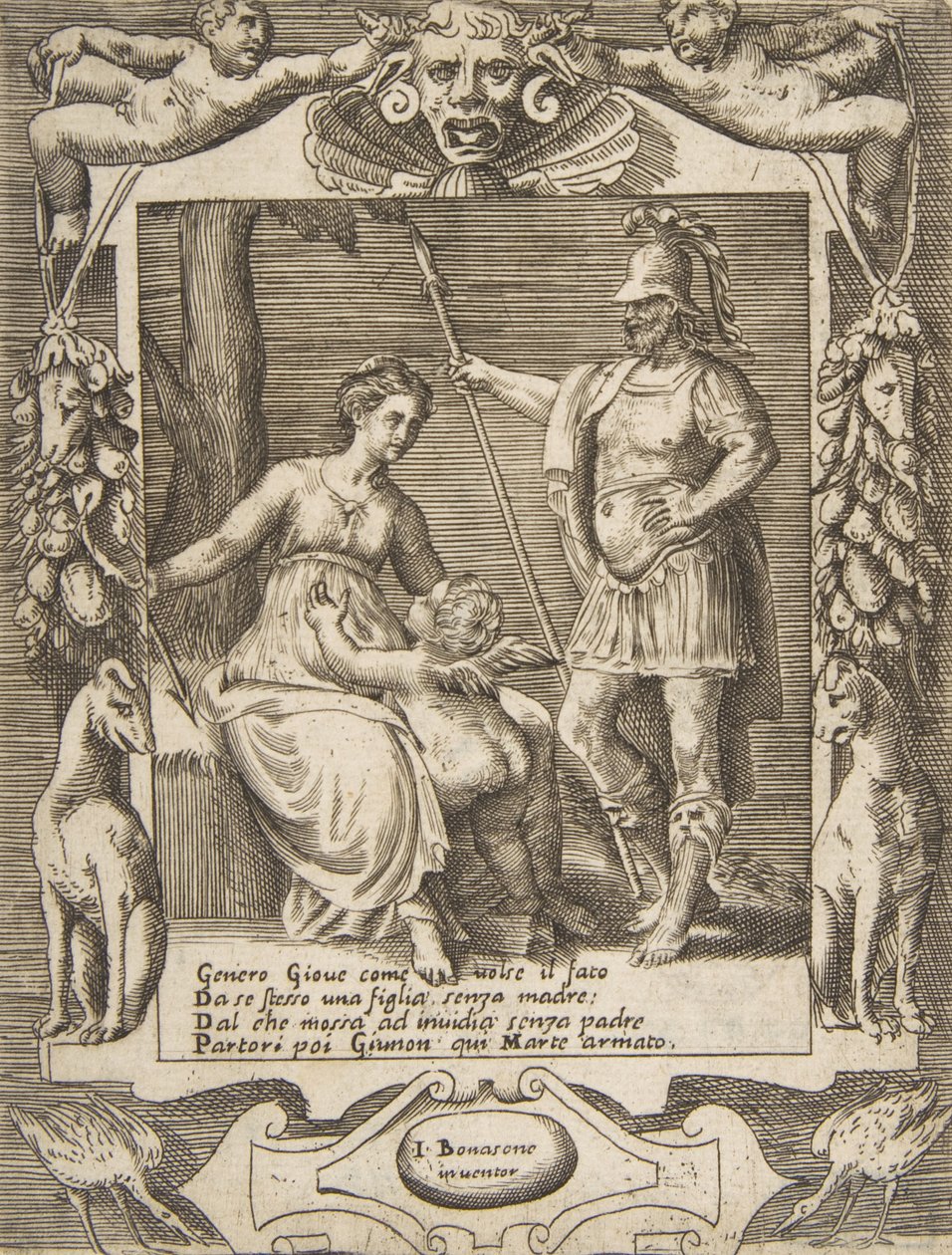 Juno, Mars and Cupid, osadzona w wyszukanej oprawie, z „Loves, Rages and Jealous..., 1531-76. autorstwa Giulio Bonasone
