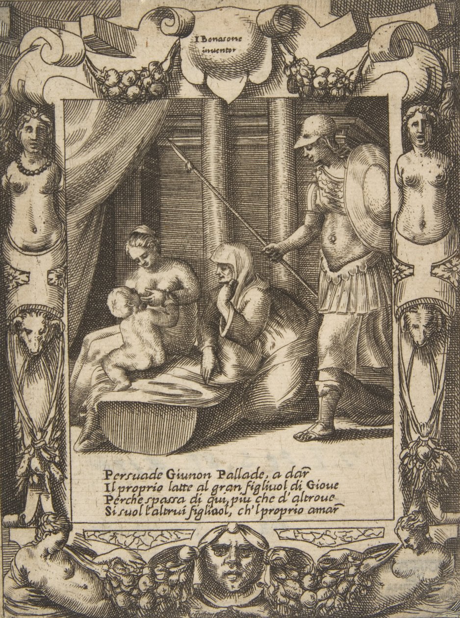 Junona namawiająca Atenę do opieki nad młodym Herkulesem, osadzona w kunsztownej oprawie, z..., 1531-76. autorstwa Giulio Bonasone