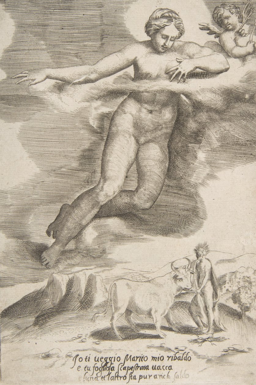 Juno obserwująca Jowisza i Io, z filmu Miłość bogów, 1531-60. autorstwa Giulio Bonasone