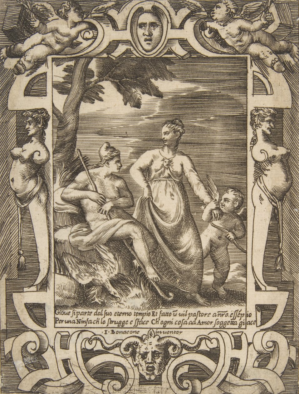 Jowisz po lewej w postaci pasterza w towarzystwie Mnemosyne, osadzony w elabo..., 1531-76. autorstwa Giulio Bonasone