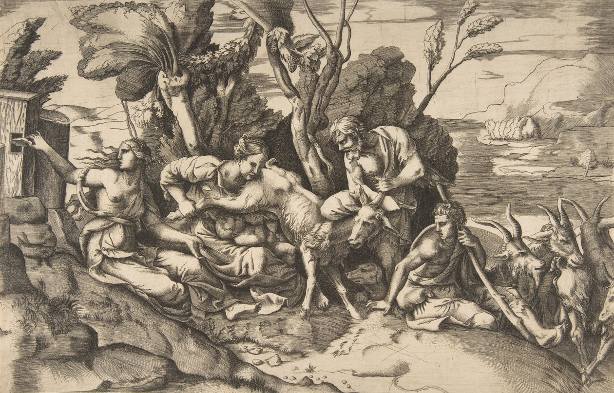 Jowisz karmiony przez kozę Amalteę, 1531-76.. autorstwa Giulio Bonasone