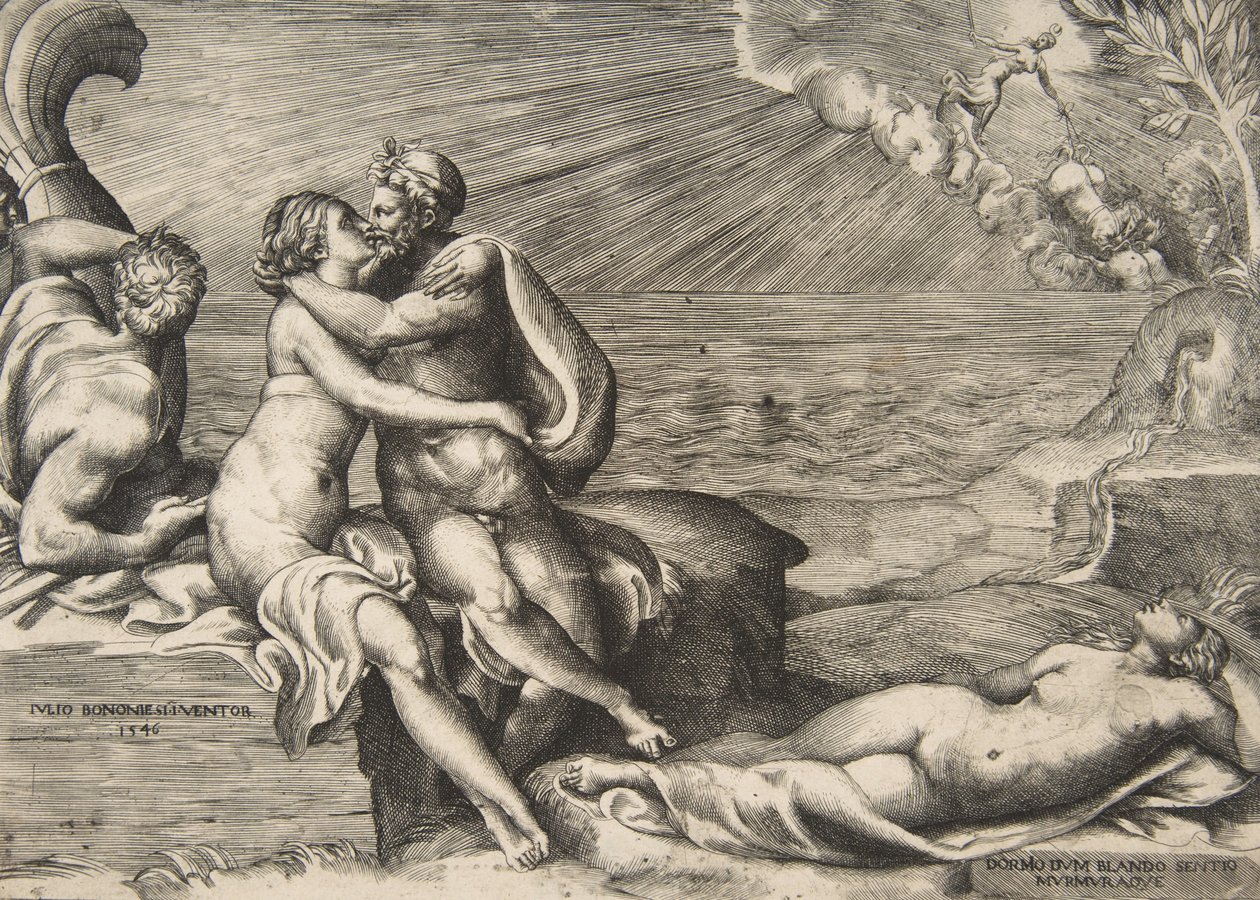 Miłość Jowisza do Juno ożyła na nowo, gdy założyła pas Wenus, 1546. autorstwa Giulio Bonasone