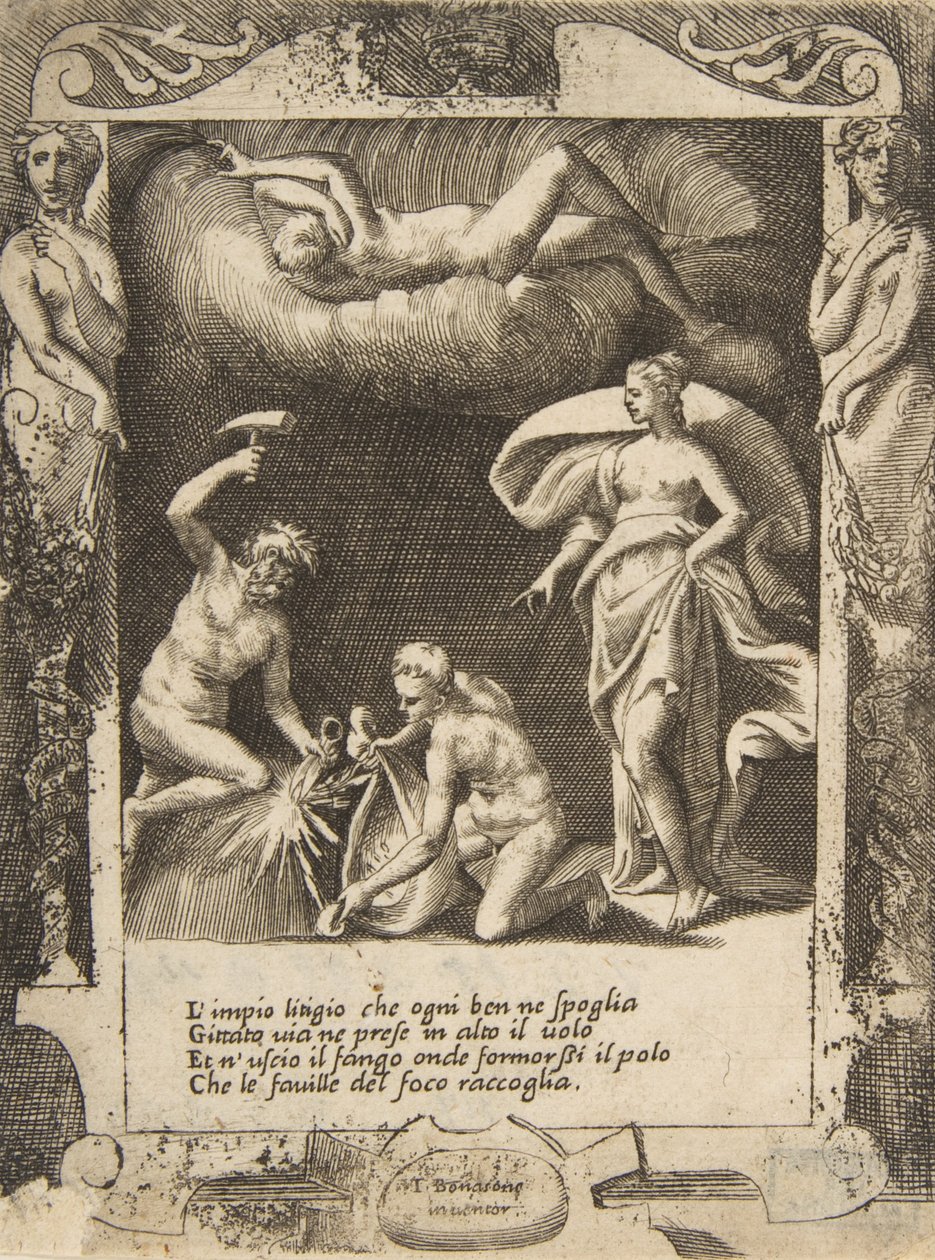 Litigium usunięte z ciała Chaosu, podczas gdy jego matka zostaje wyrzucona w powietrze, ustawiona z..., 1531-76. autorstwa Giulio Bonasone