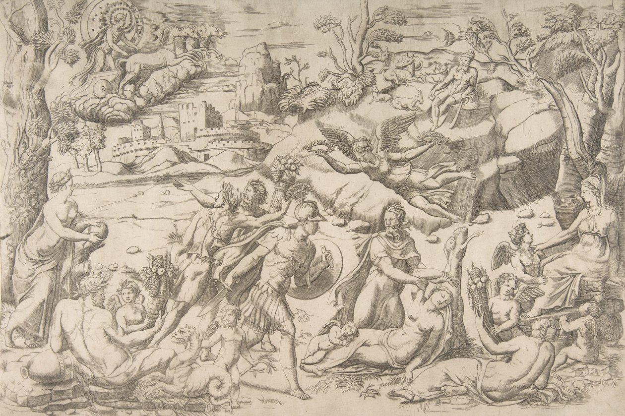 Mars i Rhea Silvia: w centrum Mars trzyma tarczę i miecz, Rhea Silvia śpi..., ok. 1531-76. autorstwa Giulio Bonasone