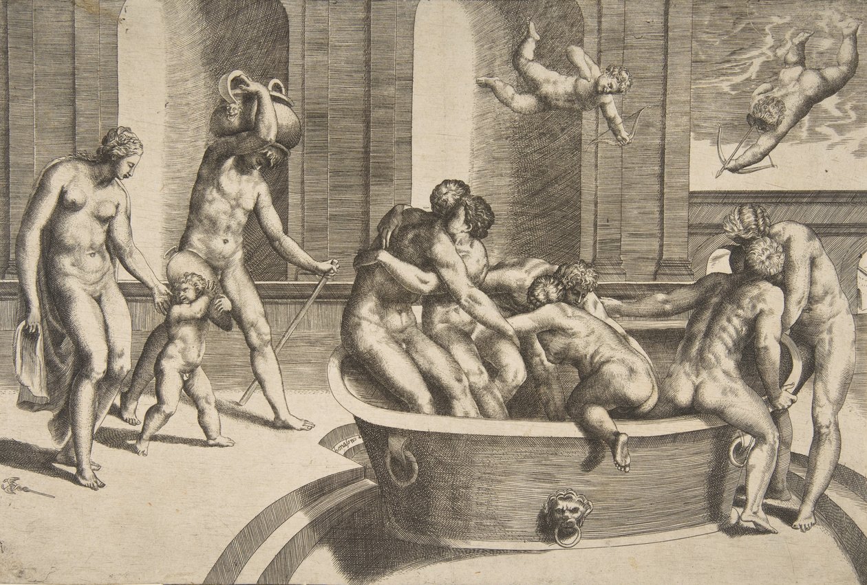 Kąpiący się mężczyźni i kobiety, niektórzy w objęciach, 1531-76. autorstwa Giulio Bonasone
