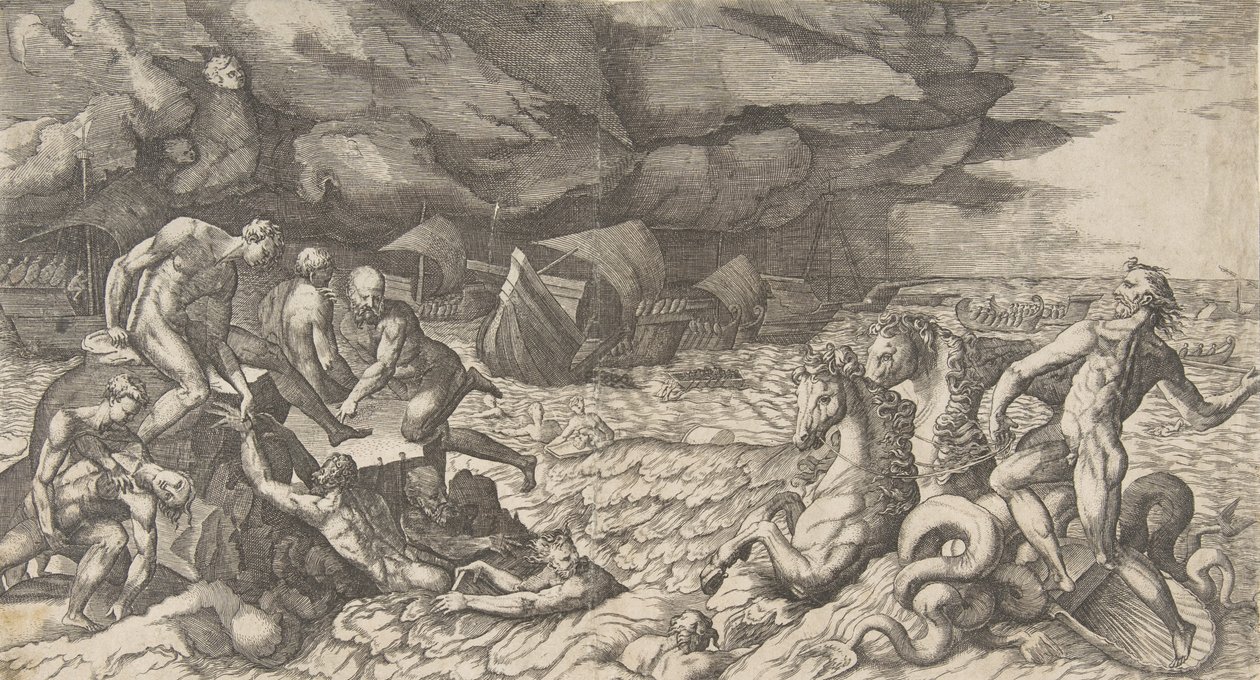 Neptun uspokaja burzę Aeolus podniesioną przeciwko Flocie Eneasza w latach 1531-76. autorstwa Giulio Bonasone