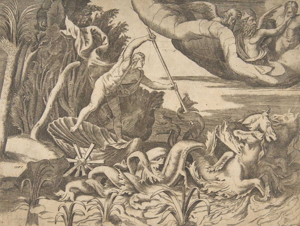 Neptun w swoim rydwanie ciągnięty przez koniki morskie, z „Podziału Wszechświata”, 1..., 1531-76. autorstwa Giulio Bonasone