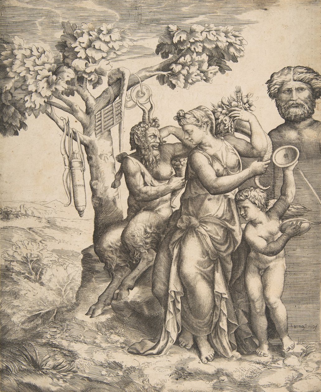 Po lewej Pan siedzący obok stojącej nimfy, po prawej Kupidyn trzymający cymbały, 1531-76. autorstwa Giulio Bonasone