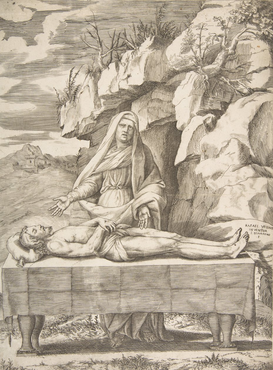 Pieta, Chrystus rozłożony na stole w krajobrazie, Dziewica stojąca za ramionami..., 1531-76. autorstwa Giulio Bonasone