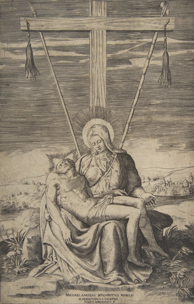 Pieta pod Krzyżem Golgaty, 1547. autorstwa Giulio Bonasone