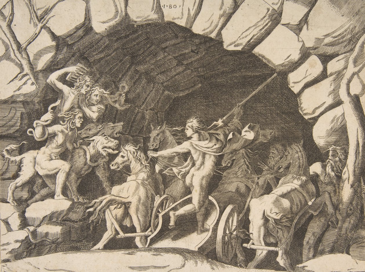 Pluton na rydwanie schodzącym do piekła, z „Podziału Wszechświata”, 1531-76. autorstwa Giulio Bonasone