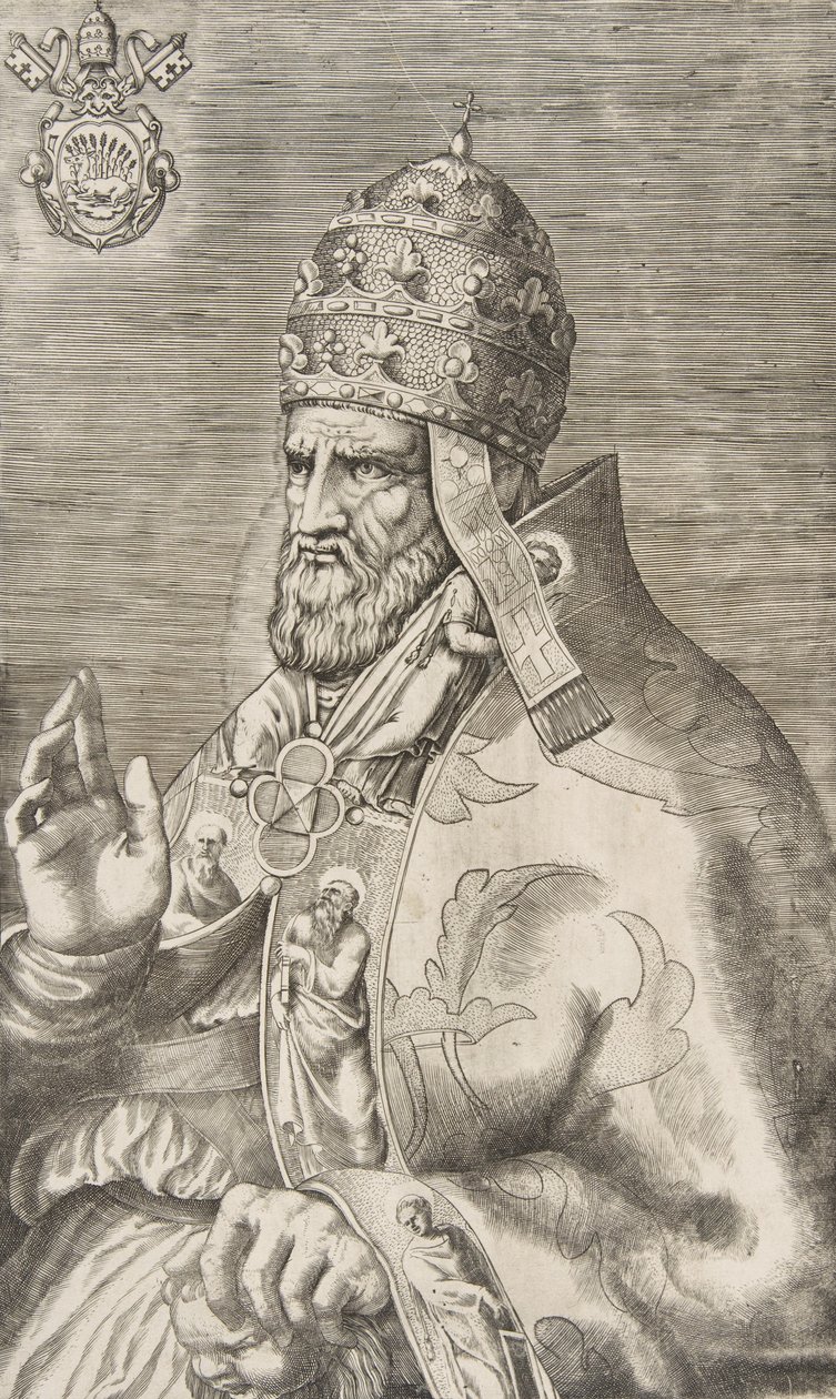 Portret papieża Marcellusa II, prawa ręka uniesiona w lewo, ca. 1555. autorstwa Giulio Bonasone