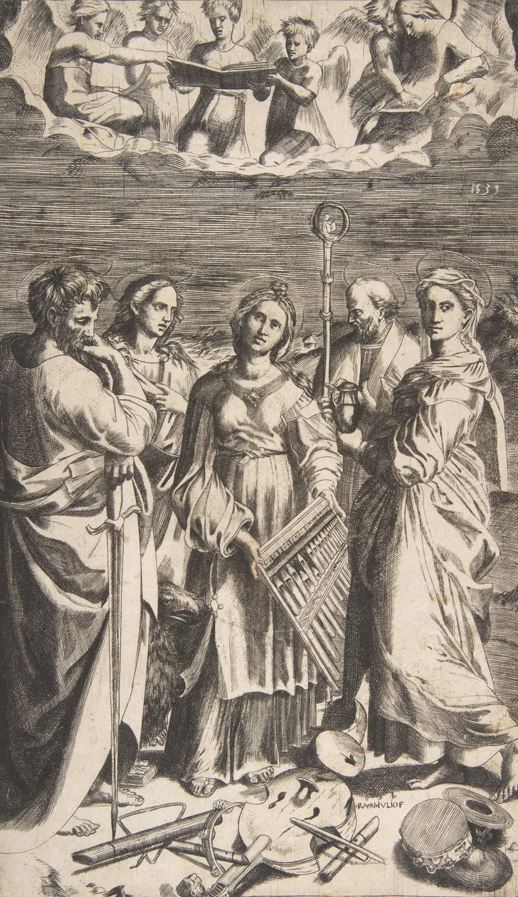 Św. Cecylia stojąca pośrodku w towarzystwie św. Pawła, Magdaleny, św. Jana..., 1531. autorstwa Giulio Bonasone