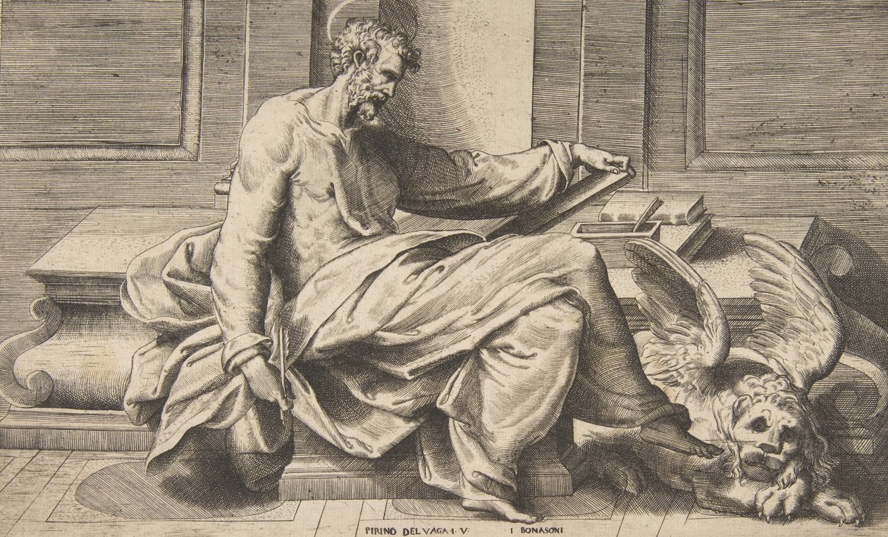 Św. Marek piszący swoją Ewangelię, po prawej skrzydlaty lew, 1531-76. autorstwa Giulio Bonasone