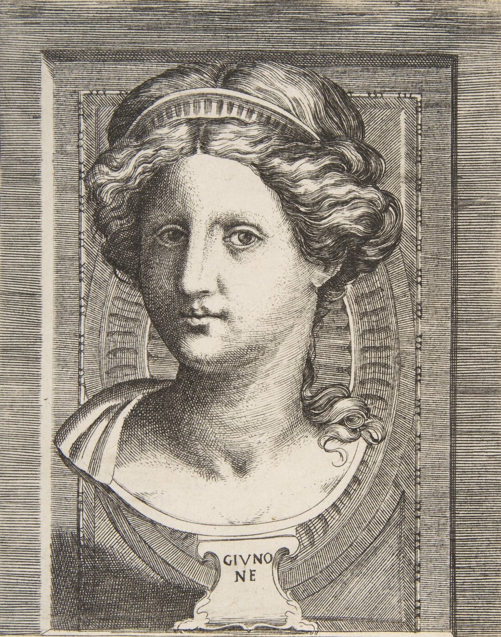 Rzeźbiona głowa Juno, ok. 1531-76. autorstwa Giulio Bonasone