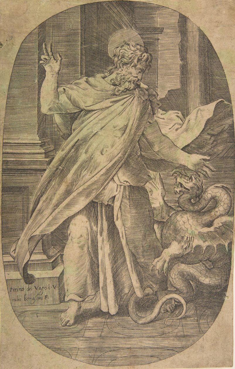 Św. Paweł pokonujący żmiję, w oprawie architektonicznej, kompozycja owalna, ca. 1540-70. autorstwa Giulio Bonasone