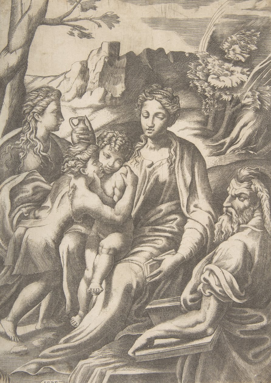 Święta Rodzina z Marią Magdaleną i Janem Chrzcicielem, który obejmuje Chrystusa, 1543. autorstwa Giulio Bonasone
