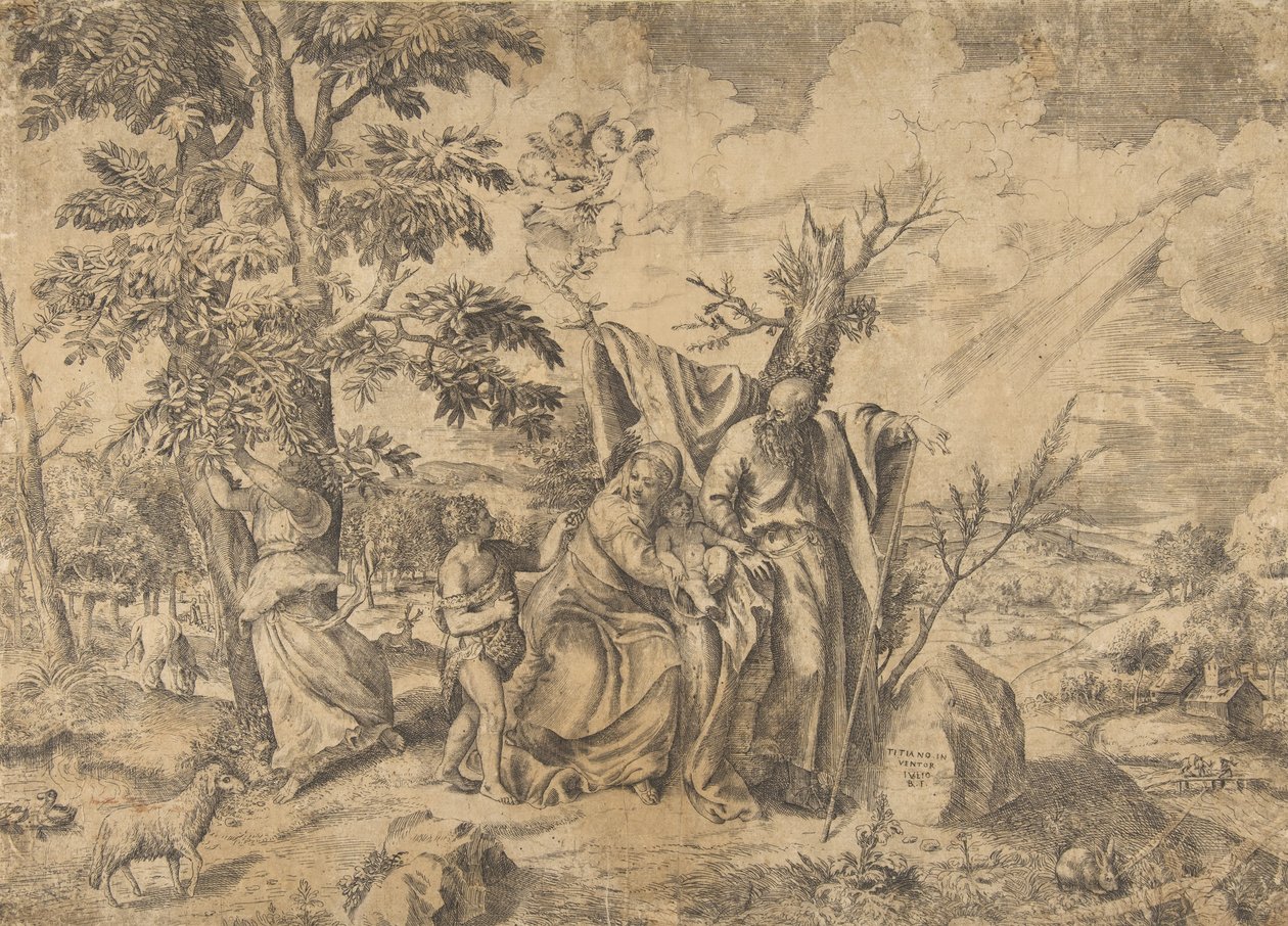 Odpoczynek w ucieczce do Egiptu, Józef po prawej, Dziewica trzyma Dzieciątko Jezus i..., 1531-76. autorstwa Giulio Bonasone
