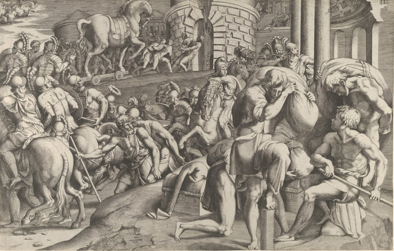 Trojanie ciągną drewnianego konia do Troi, 1545. autorstwa Giulio Bonasone