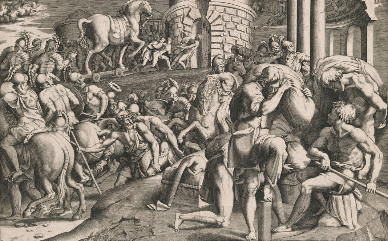 Trojanie ciągnący drewnianego konia do miasta, 1545. autorstwa Giulio Bonasone