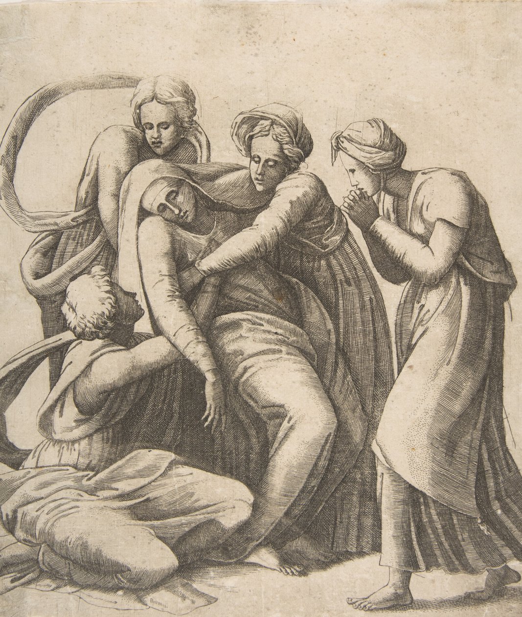Dziewica omdlewa i podtrzymywana w ramionach świętych kobiet, 1531-76. autorstwa Giulio Bonasone