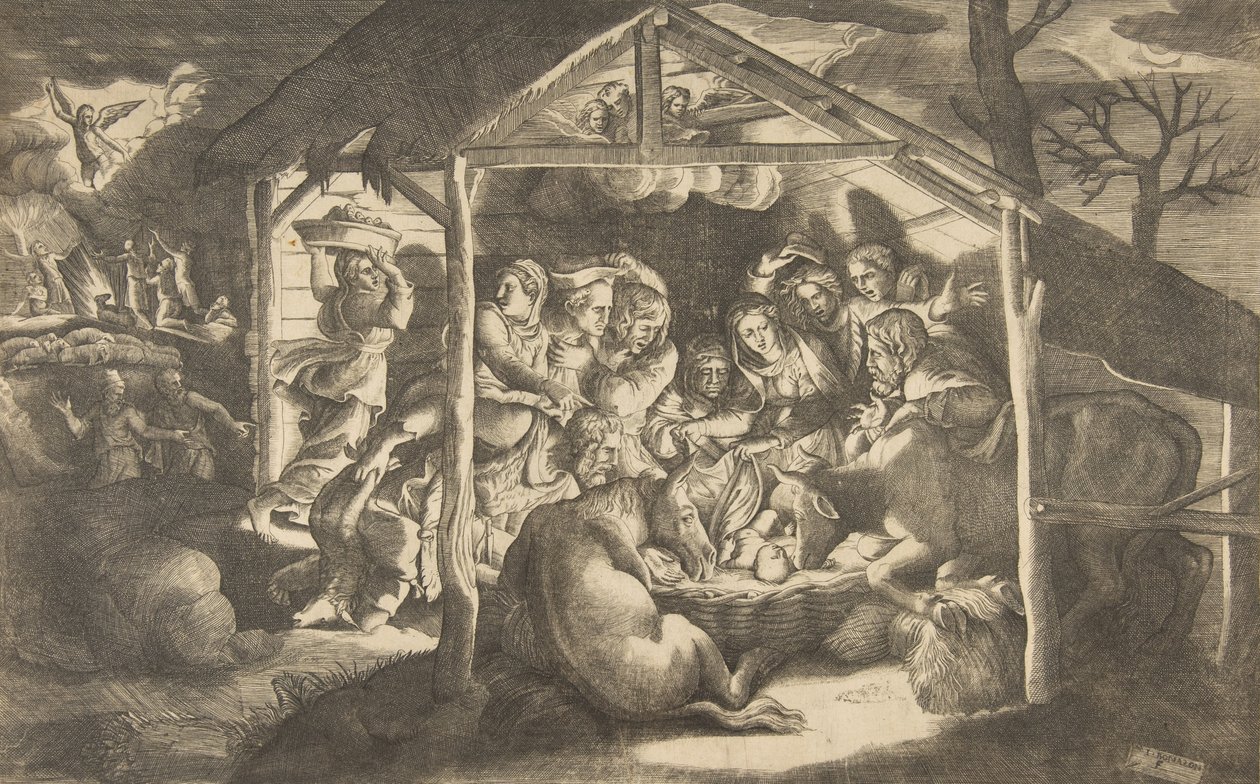 Adoracja pasterzy, różne postacie otaczające Dzieciątko Jezus w cen..., 1531-76. autorstwa Giulio Bonasone