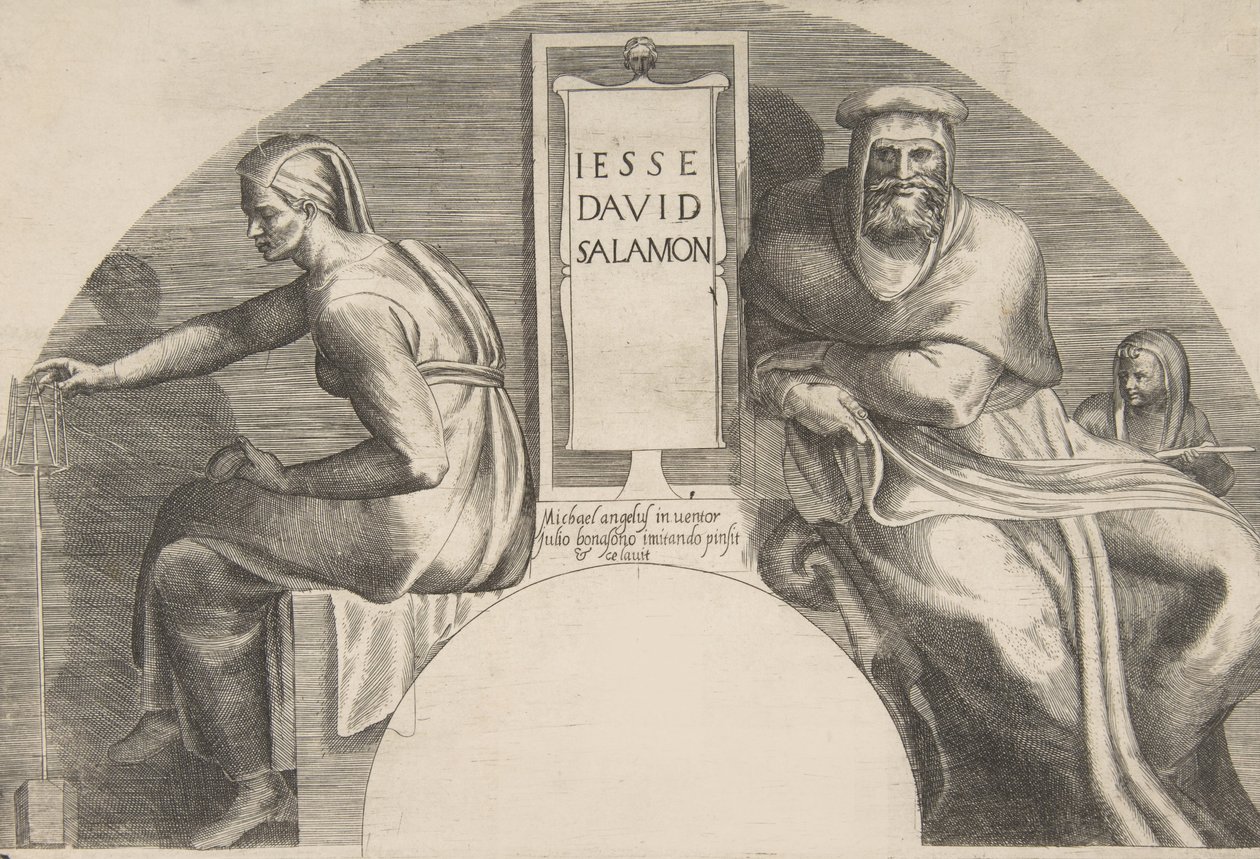 Przodkowie Chrystusa flankujący tablicę z inskrypcją, kompozycja szczytu łukowego, 1531-76. autorstwa Giulio Bonasone
