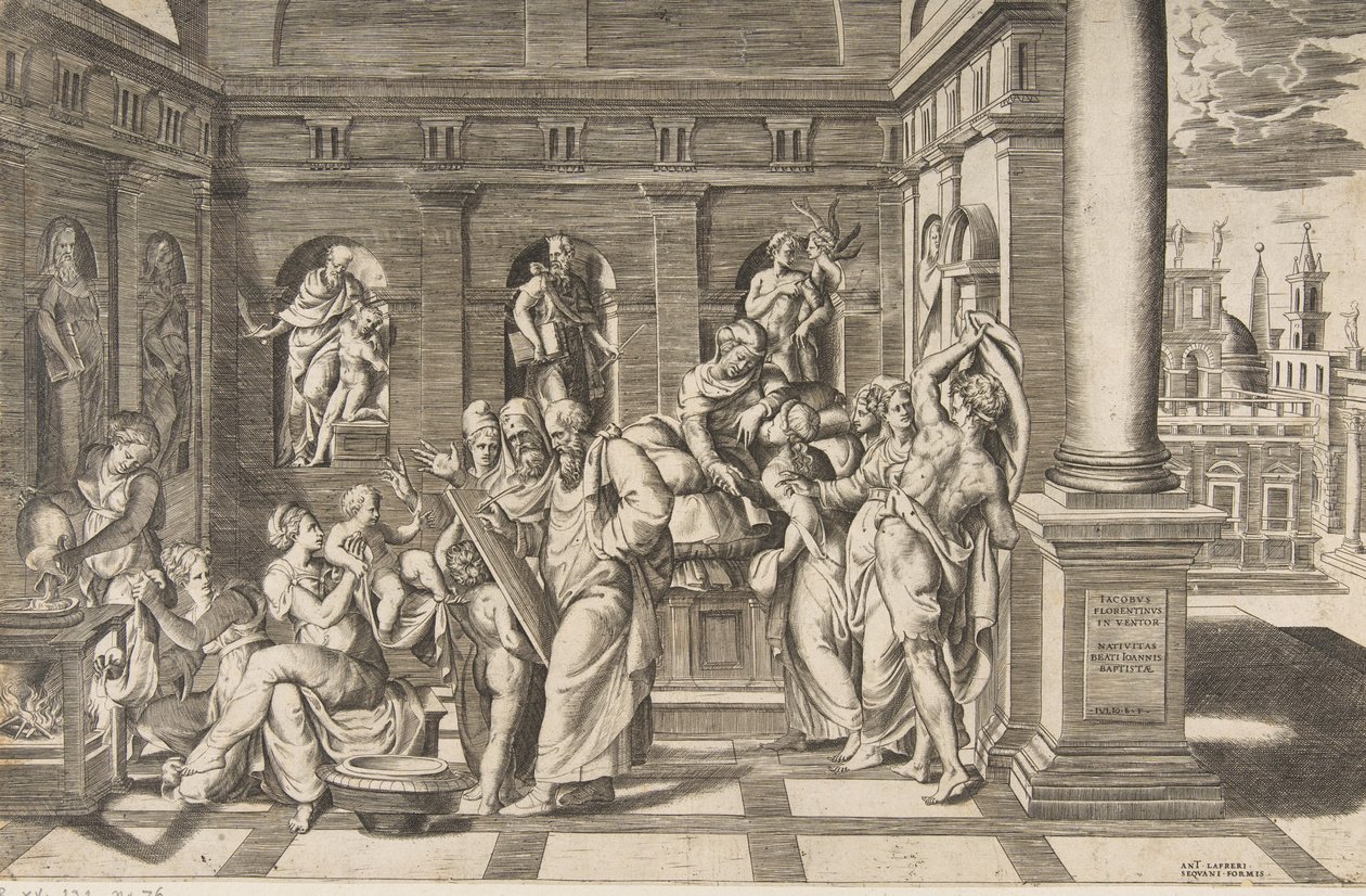 Narodziny św. Jana Chrzciciela w klasycystycznym budynku, ok. 1531-76 autorstwa Giulio Bonasone
