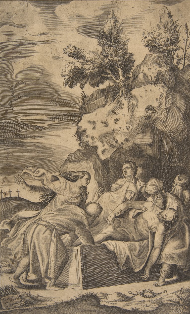 Złożenie do grobu Chrystusa, w lewym tle widoczne krzyże na Kalwarii, 1563 r. autorstwa Giulio Bonasone