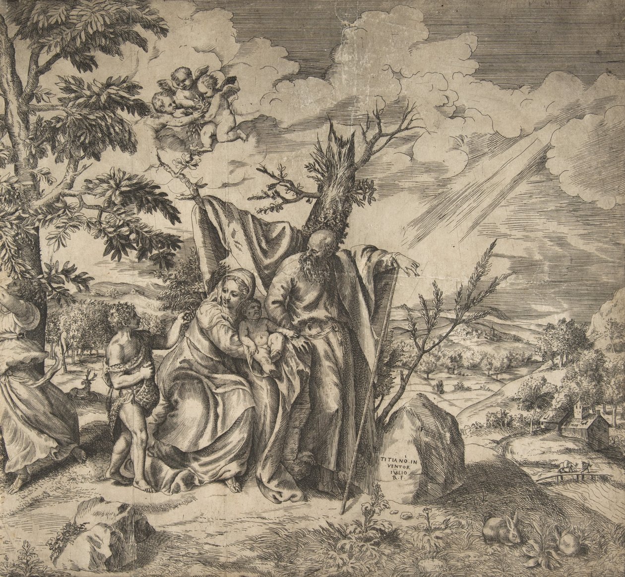 Reszta Świętej Rodziny w ucieczce do Egiptu, 1531-76. autorstwa Giulio Bonasone
