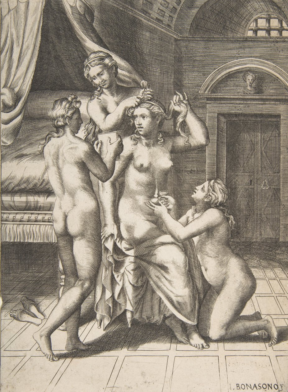 Toaleta Psyche, która siedzi w centrum obsługi, 1531-76. autorstwa Giulio Bonasone