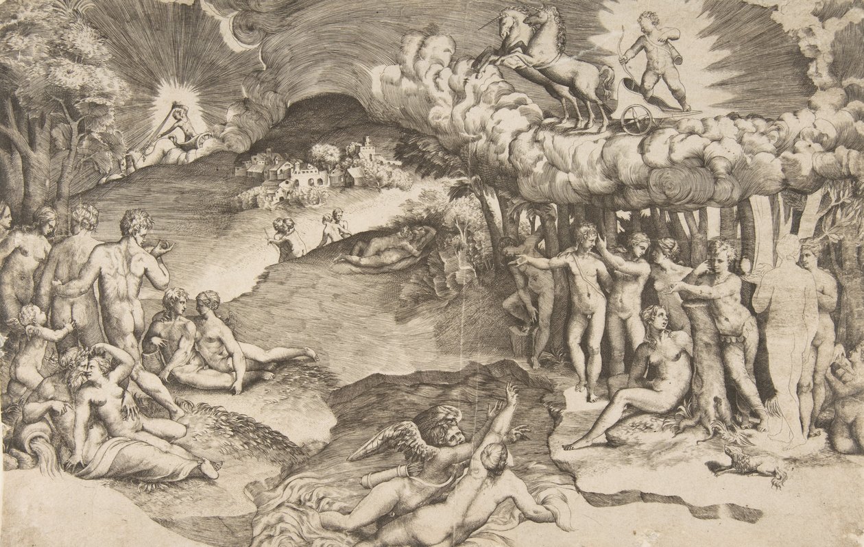 Triumf miłości, amorek na rydwanie ciągniętym przez jednorożca jest w prawym górnym rogu, nagi…, 1545. autorstwa Giulio Bonasone