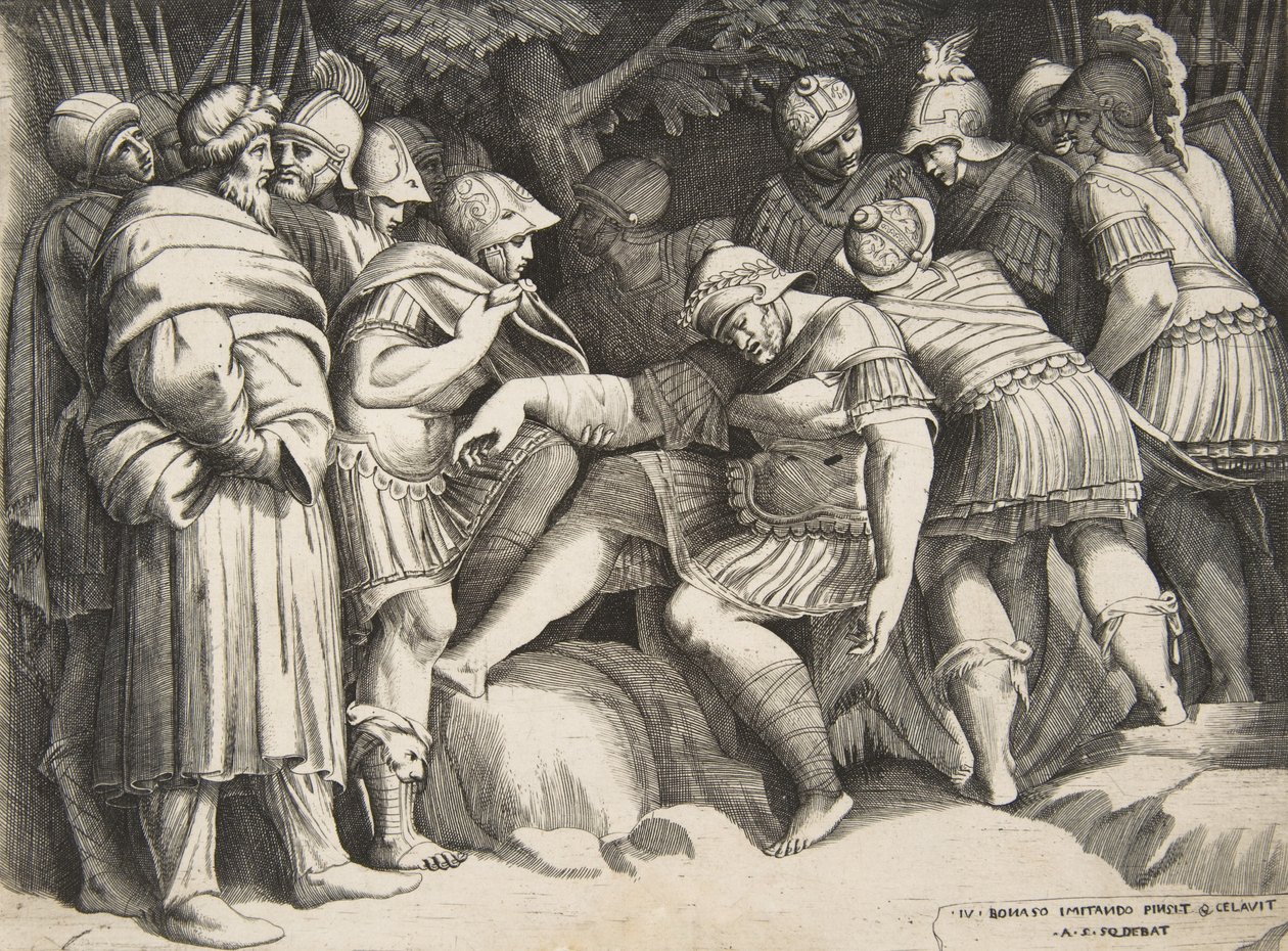 Ranny żołnierz Scypion w centrum w otoczeniu postaci, 1531-76. autorstwa Giulio Bonasone