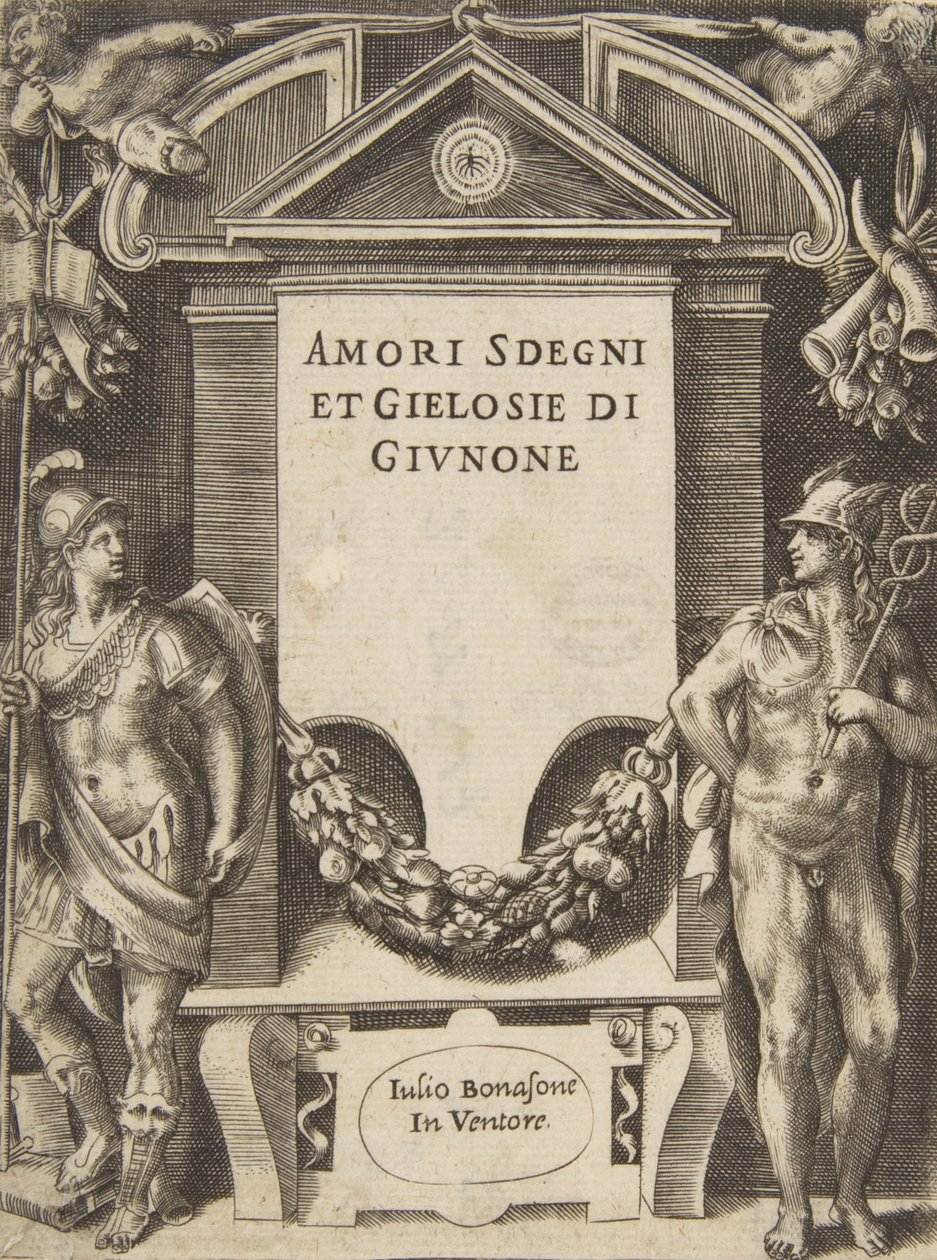 Tabliczka tytułowa do serii „Loves, Rages and Jealousies of Juno”, 1531-76. autorstwa Giulio Bonasone