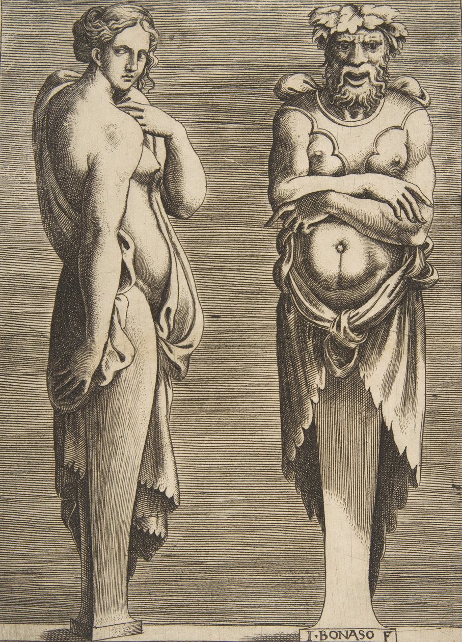 Dwa wyrazy, nimfa po lewej Silvanus po prawej, ca. 1530-50. autorstwa Giulio Bonasone