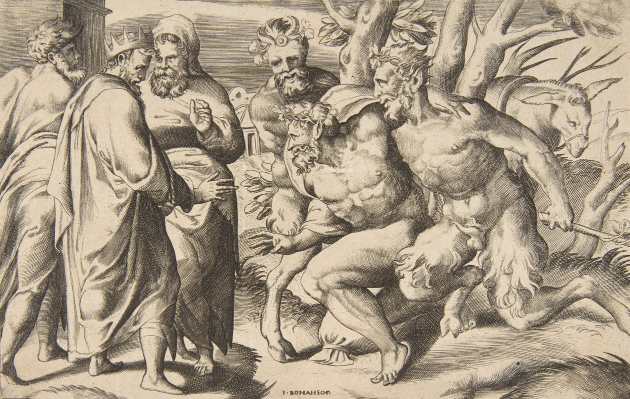 Dwaj satyrowie niosący Silenus King Midas stojący po lewej stronie, 1531-76. autorstwa Giulio Bonasone