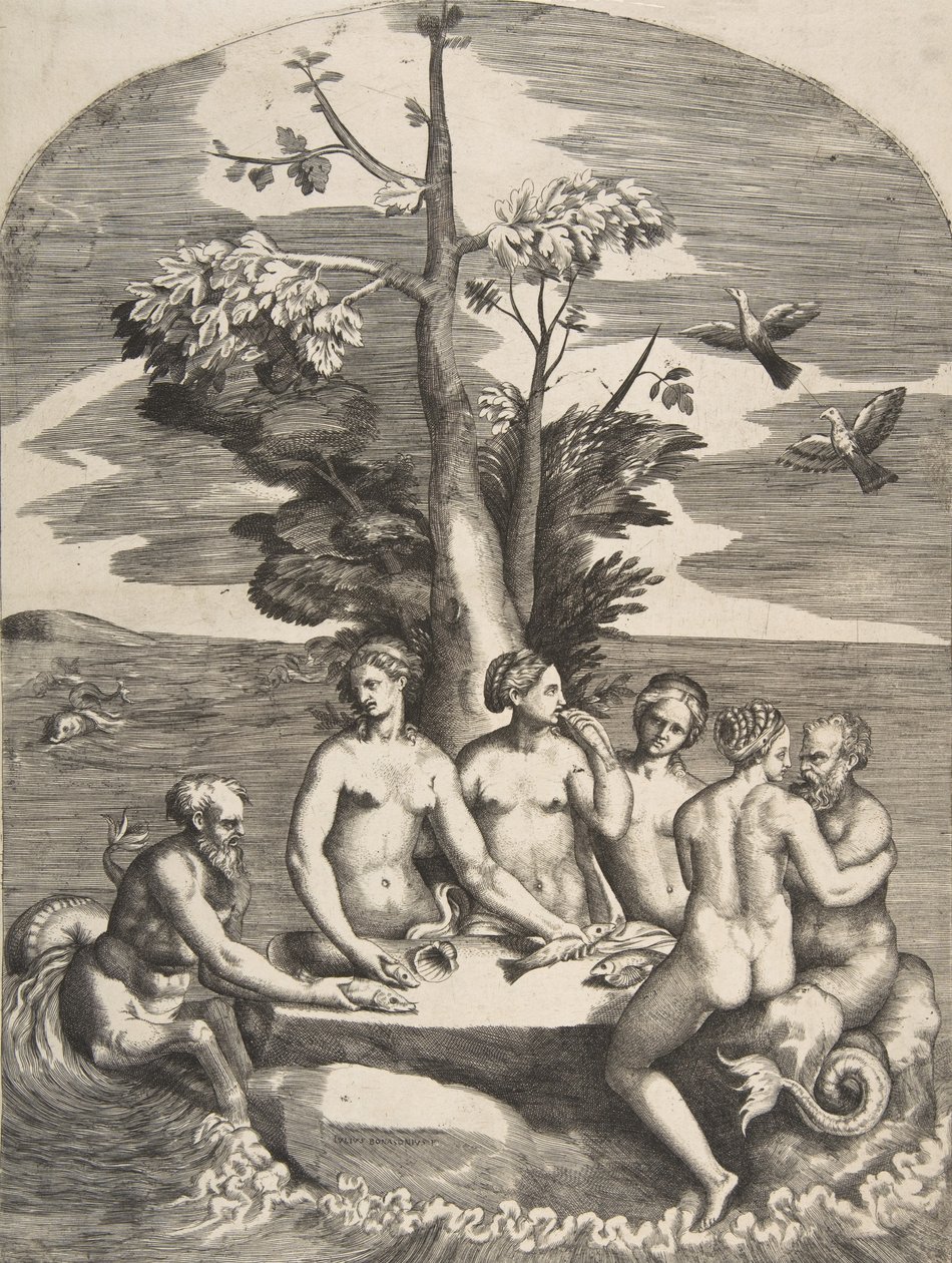 Dwóch bogów morza w towarzystwie czterech nimf, 1531-76. autorstwa Giulio Bonasone