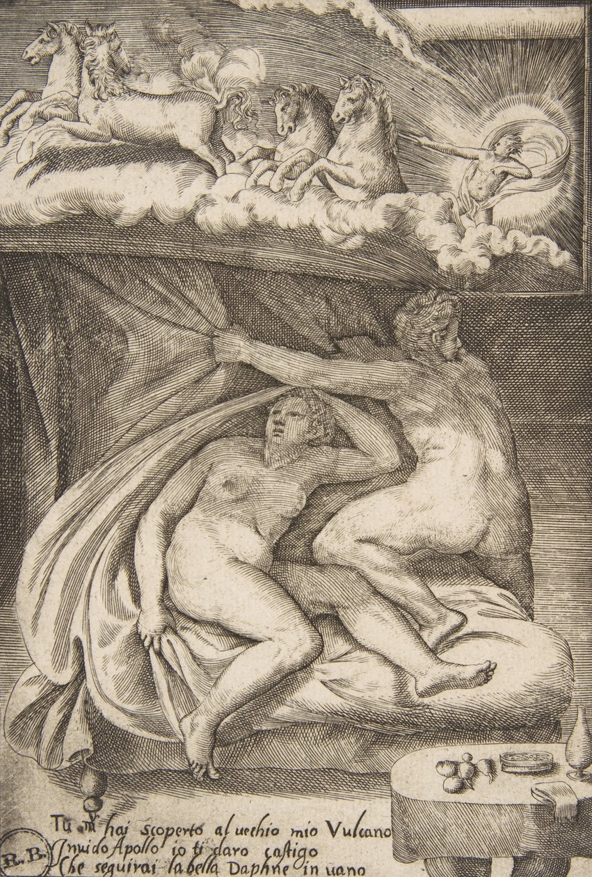 Wenus i Mars odkryte przez Apolla, z „Miłości bogów”, 1531-60. autorstwa Giulio Bonasone