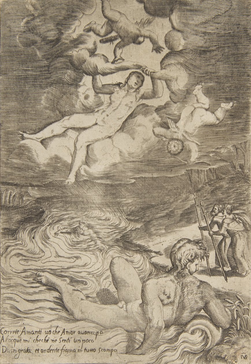 Wenus koziołkująca z puttami w chmurach, z „Miłości bogów”, ca. 1531-76. autorstwa Giulio Bonasone