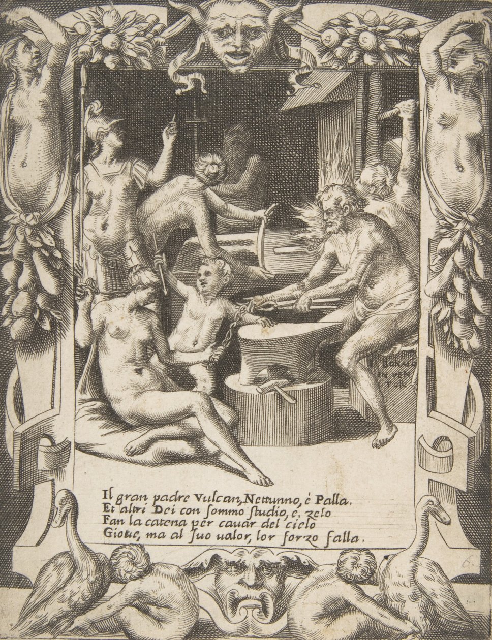 Wulkan, Neptun, Atena i inni bogowie tworzący kajdany, by ściągnąć Jowisza z niebios..., 1531-76. autorstwa Giulio Bonasone