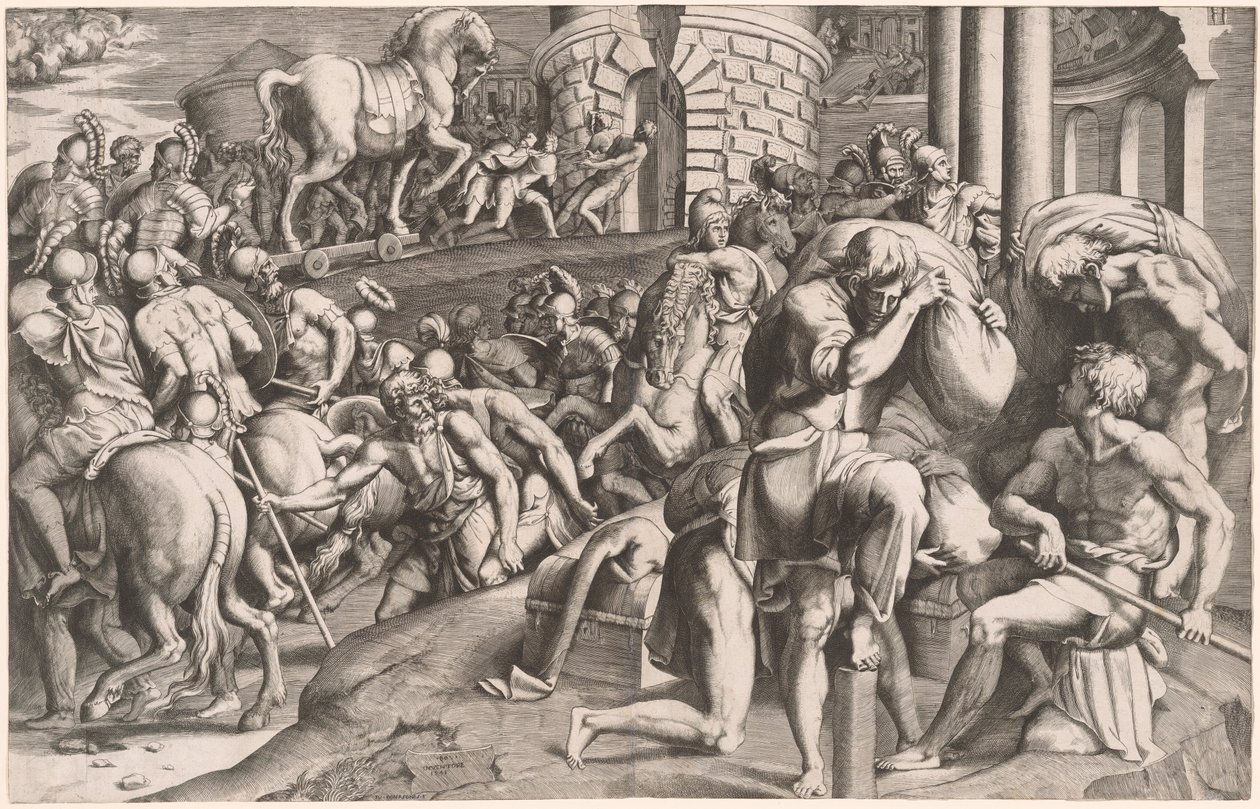Trojanie ciągną drewnianego konia do Troi autorstwa Giulio Bonasone, after Francesco Primaticcio