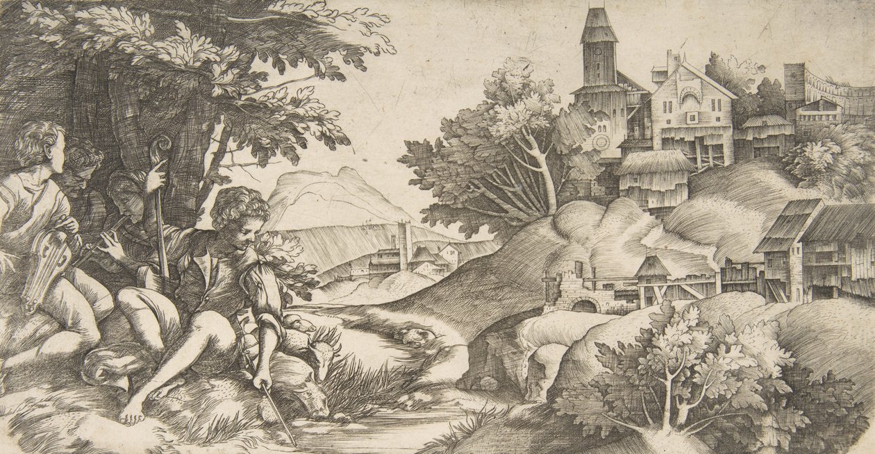 Po lewej czterech pasterzy z instrumentami muzycznymi siedzących pod kępą drzew..., ca. 1517 autorstwa Giulio Campagnola