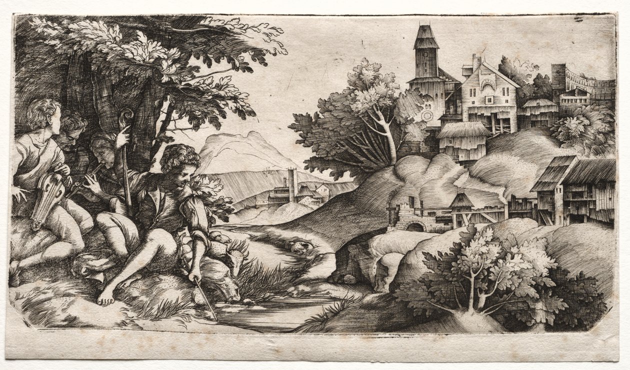 Pasterze w krajobrazie autorstwa Giulio Campagnola