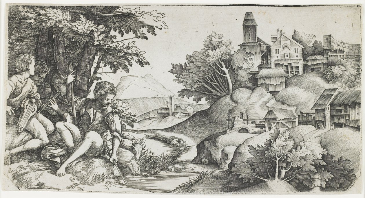 Pasterze w pejzażu, ok. godz. 1517-1518 autorstwa Giulio Campagnola