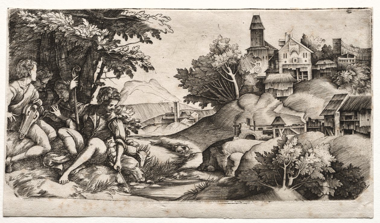 Pasterze w pejzażu, ok. godz. 1517. autorstwa Giulio Campagnola
