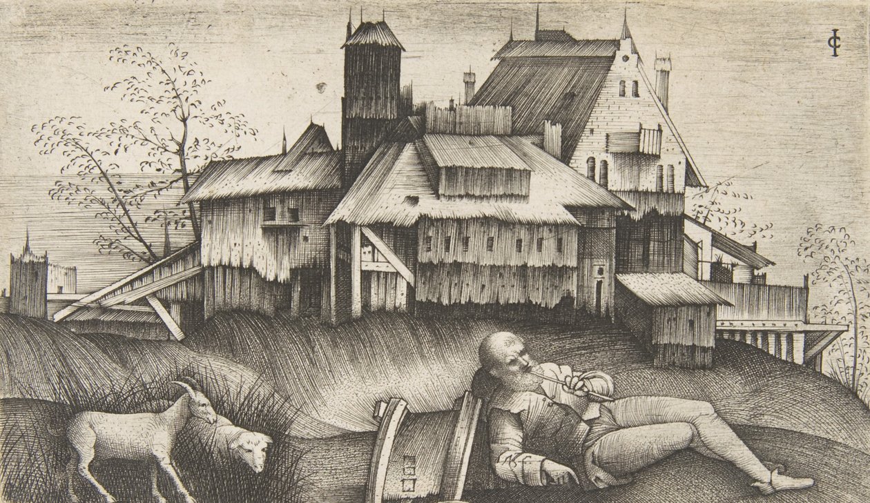 Stary pasterz leżący w krajobrazie, zabudowania za nimi, koza i owca do..., ca. 1500-1515. autorstwa Giulio Campagnola
