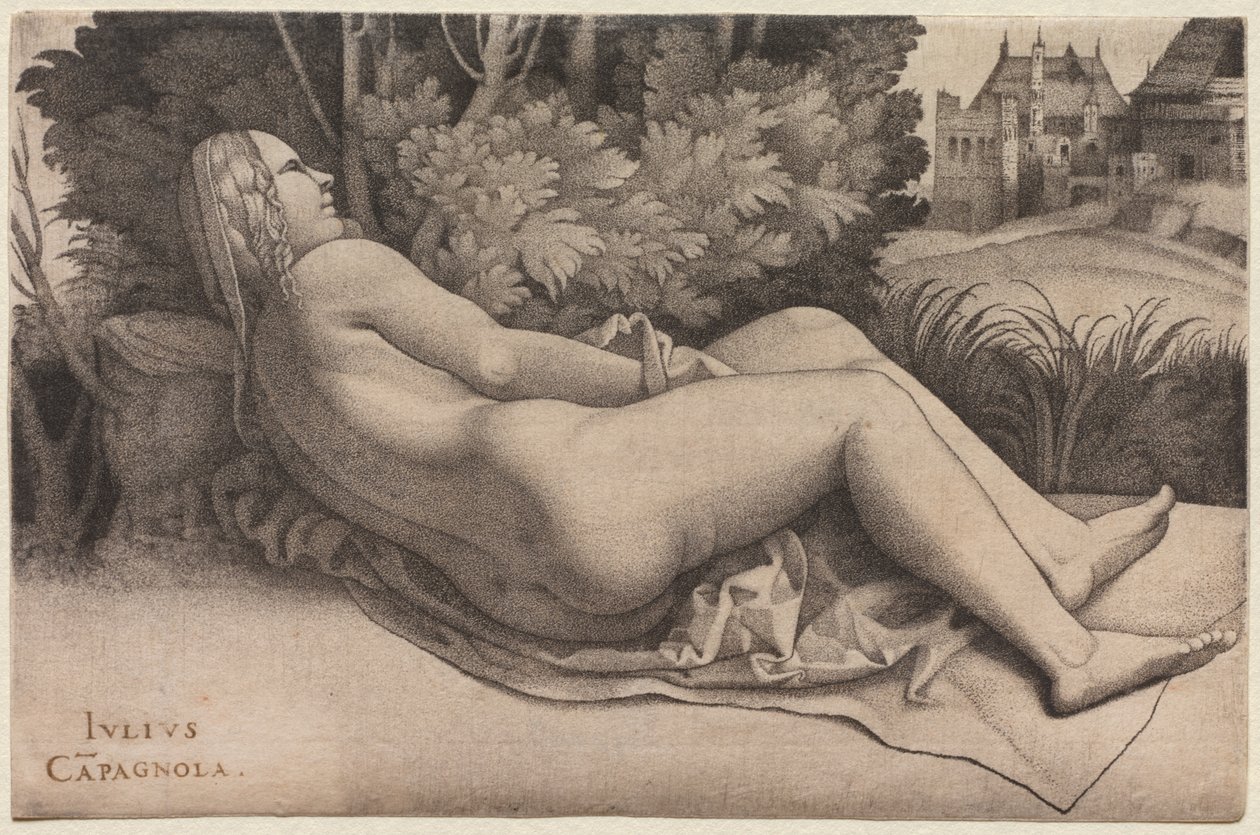Wenus leżąca w krajobrazie, c. 1508-9. autorstwa Giulio Campagnola